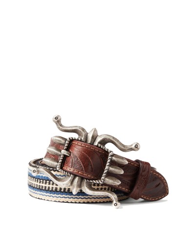 RRL by Ralph Lauren Handwoven Jacquard & Leather Belt Cream Multi/Brown en ligne