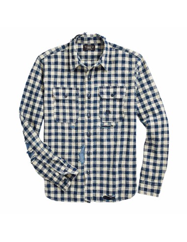 RRL by Ralph Lauren Indigo Checked Linen-Cotton Workshirt Indigo/Cream Profitez des Offres !