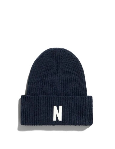 Norse Projects Merino Lambswool Rib N Logo Beanie Dark Navy soldes