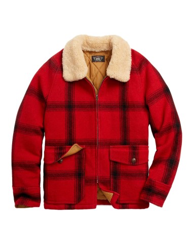 RRL by Ralph Lauren Shearling-Collar Plaid Wool Jacket Red / Black Multi brillant des détails fins