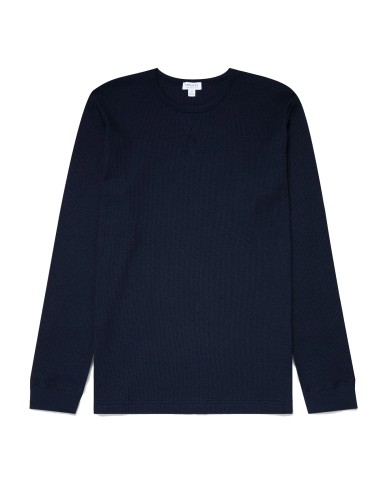 Sunspel Long Sleeve Waffle T-shirt Navy le des métaux précieux